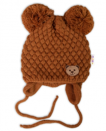 Zimní pletená čepice Teddy Bear na zavazování, hnědá, Baby Nellys