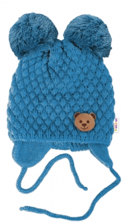 Zimní pletená čepice Teddy Bear na zavazování, modrá, Baby Nellys