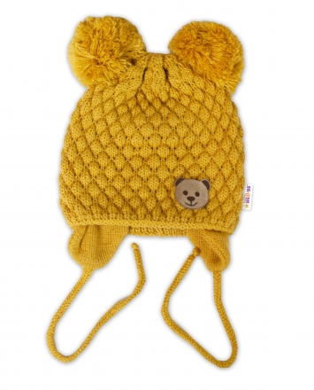 Zimní pletená čepice Teddy Bear na zavazování, hořčicová, Baby Nellys
