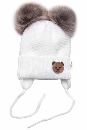 Dětská zimní čepice s fleecem Teddy Bear - chlupáčk. bambulky - bílá, šedá, BABY NELLYS