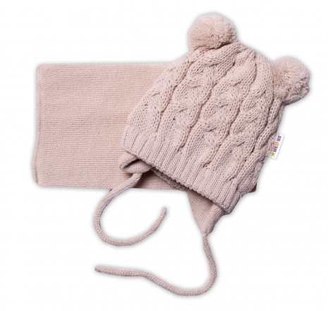 Zimní pletená kojenecká čepička s šálou TEDDY - béžová s bambulkami, vel.62/68