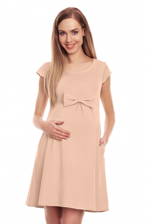 Be MaaMaa Elegantní volné těhotenské šaty s mašlí, kr. rukáv - béžové