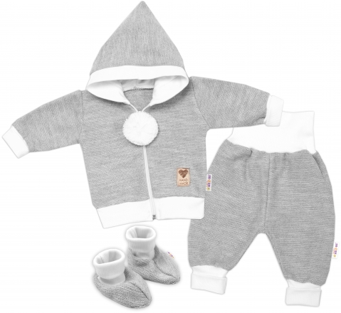 Baby Nellys 3-dílná souprava Hand made, pletený kabátek, kalhoty a botičky, šedá