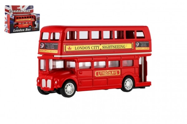 Autobus &quot;Londýn&quot; červený patrový kov/plast 12cm na zpětné natažení v krabičce 17x13,5