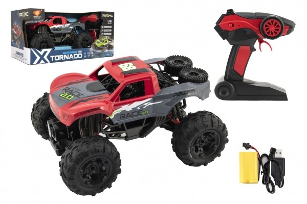 Auto RC terénní 4x4 červené plast 29cm 2,4GHz na baterie + dobíjecí pack v krabici 40