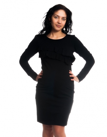 Be MaaMaa Těhotenské/kojící šaty s volánkem, dlouhý rukáv - černé, vel. XL